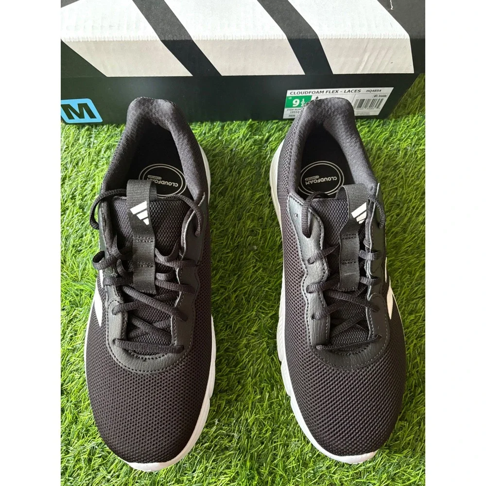 Adidas Cloudfoam Flex Laces Mens 9.5 Wide Running Shoes Black White HQ4854